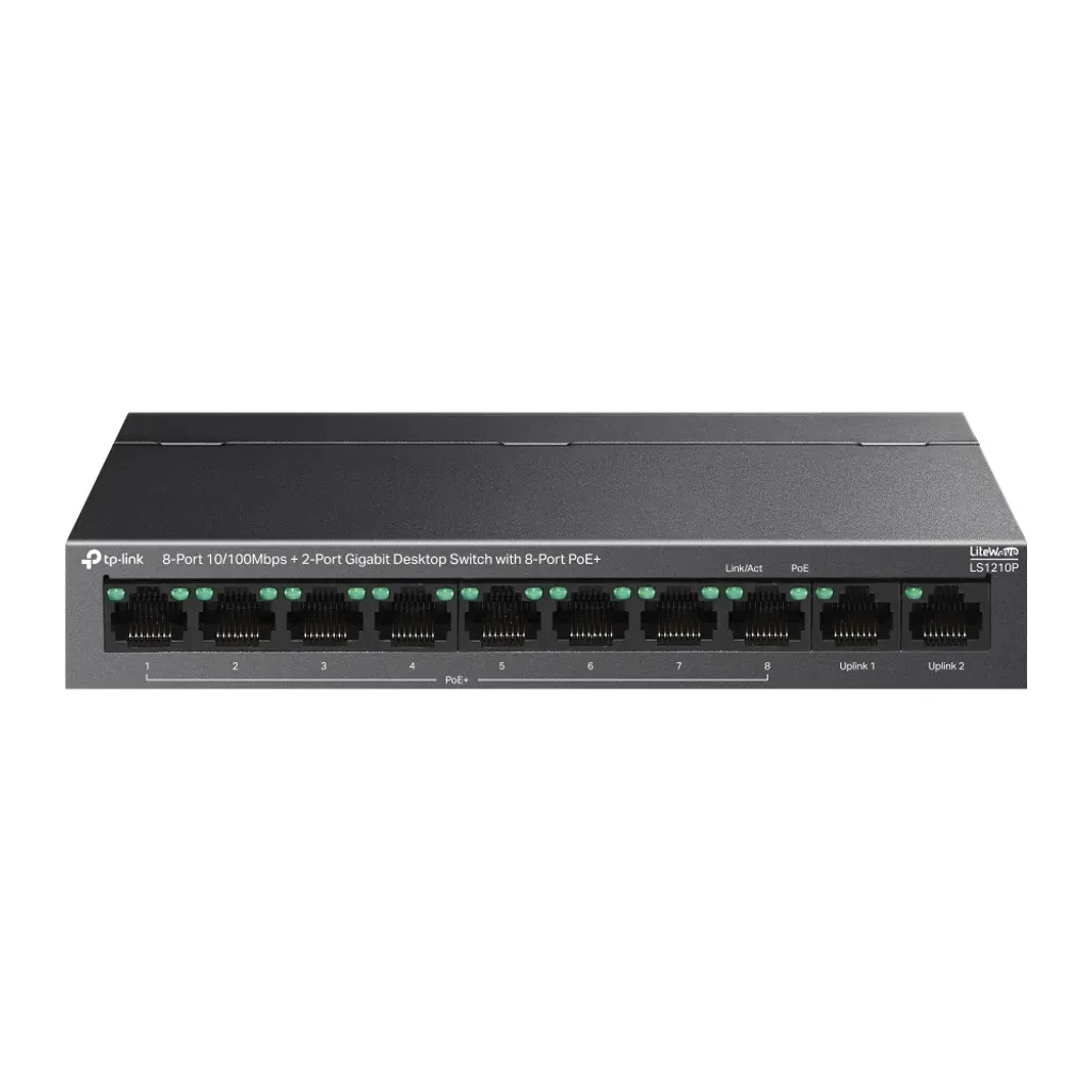 LS1210P. Switch tp-link de 8 puertos 10/100Mbps 2 puertos Gigaethernet, switch de escritorios con 8 puertos PoE+